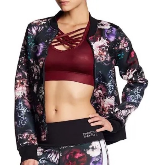Last chance…Bebe Sport Jacket Black Floral Print Scuba Track Bomber Bling XS - Picture 7 of 7